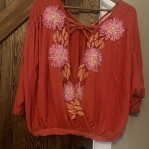 Free People Red Blouse with Pink Floral Embroidery